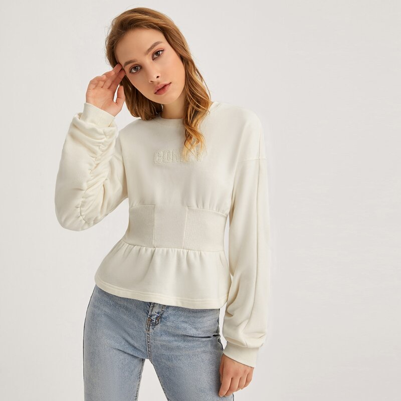 

Letter Embroidery Peplum Pullover, Beige