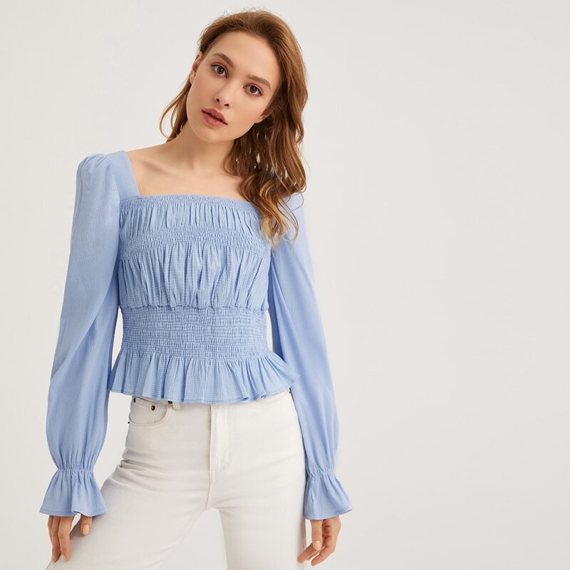 

Square Neck Shirred Peplum Top, Pastel baby blue