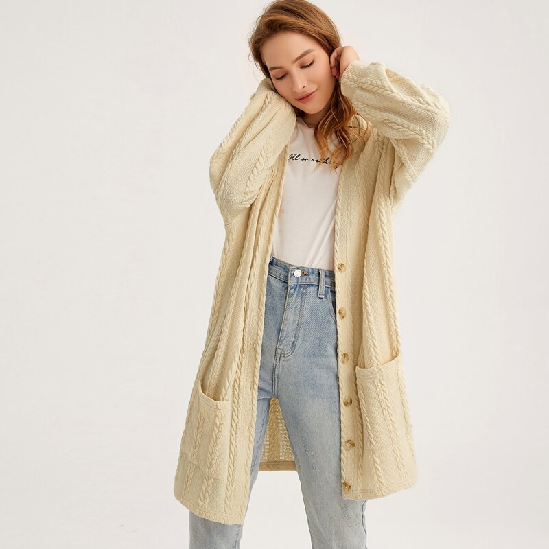 

Single Breasted Pocket Front Cable Knit Coat, Beige