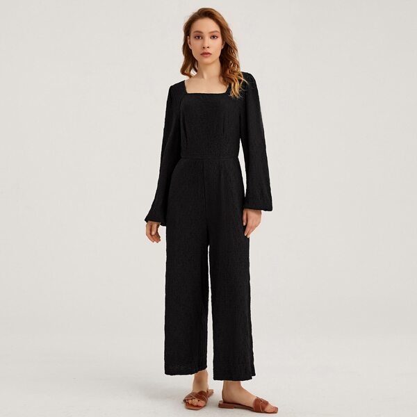 

Lantern Sleeve Solid Palazzo Jumpsuit, Black