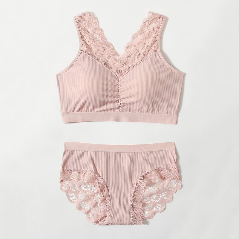 

Lace Trim Ruched Lingerie Set, Baby pink