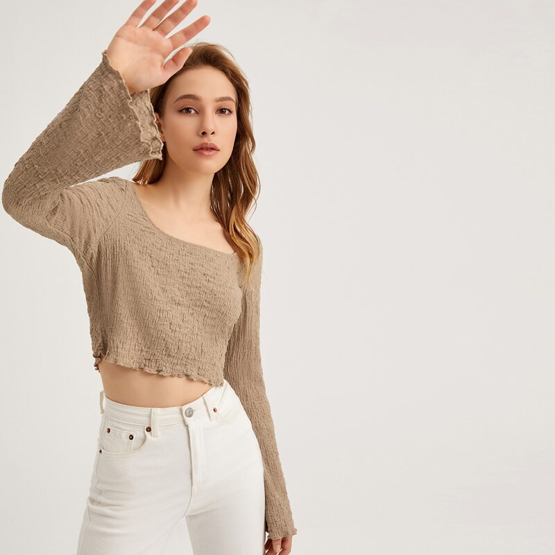 

Square Neck Bell Sleeve Lettuce Trim Top, Khaki