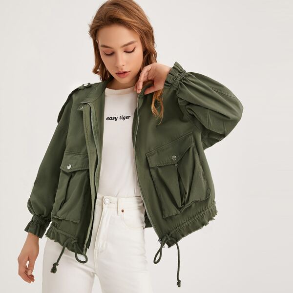 

Zip Up Flap Pocket Front Drawstring Hem Jacket, Army green