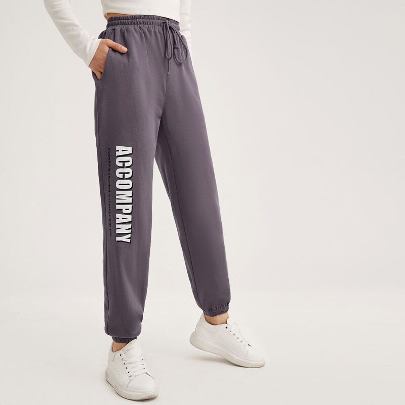 

Drawstring Waist Slogan Graphic Sweatpants, Mauve purple