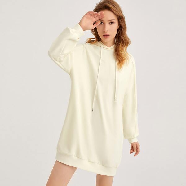 

Drawstring Detail Drop Shoulder Hooded Dress, Beige
