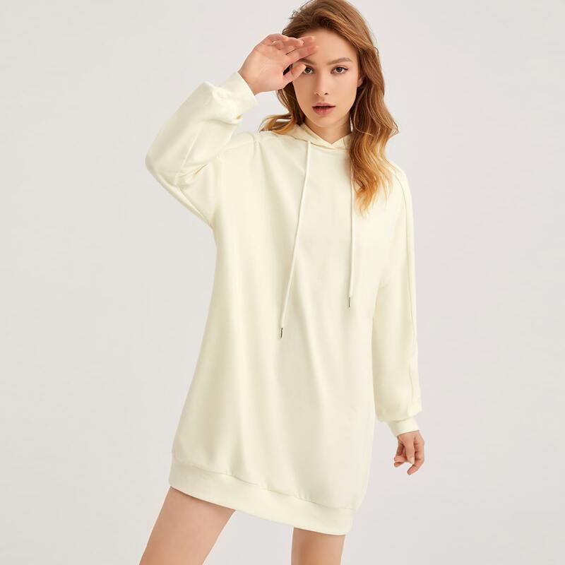 

Drawstring Detail Drop Shoulder Hooded Dress, Beige