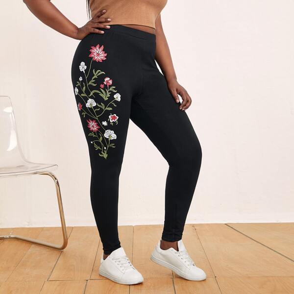 

Plus Elastic Waist Floral Print Leggings, Black