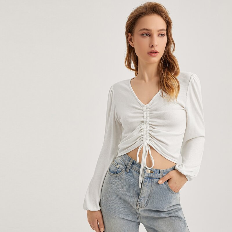 

V-neck Drawstring Ruched Front Solid Tee, White