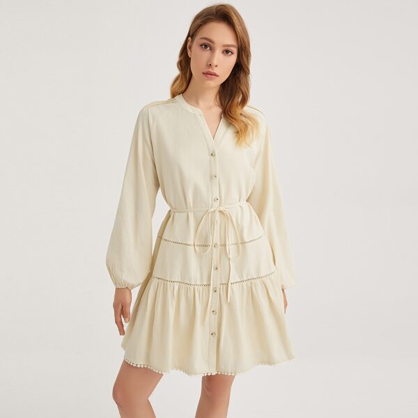 

Lantern Sleeve Ruffle Hem Belted Dress, Beige