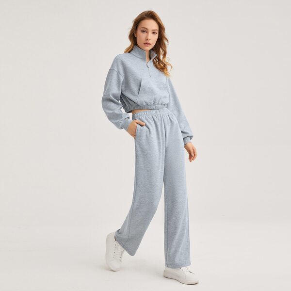 

Drop Shoulder Half Zipper Placket Crop Pullover & Joggers Set, Light grey