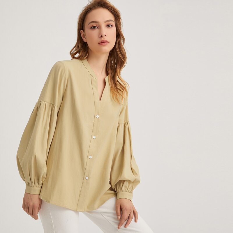 

Notch Neck Drop Shoulder Lantern Sleeve Solid Blouse, Khaki