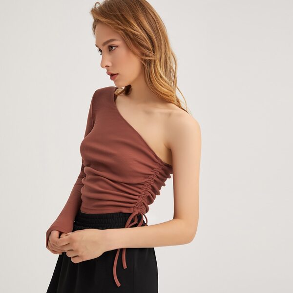 

One Shoulder Drawstring Side Crop Top, Redwood