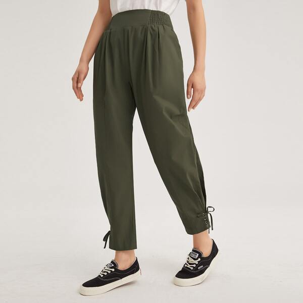 

Shirred Waist Garment Eyelet Lace Up Pants, Army green