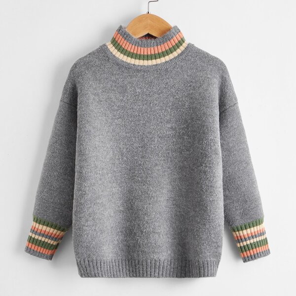 

Girls Mock Neck Contrast Stripe Sweater, Grey