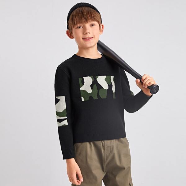 

Boys Contrast Camo Print Sweater, Black