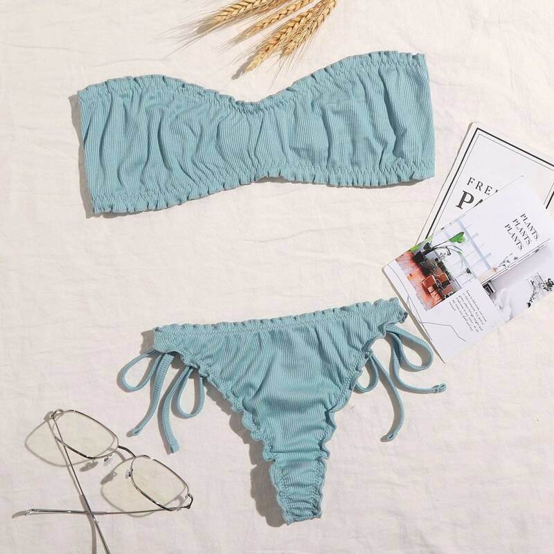 

Rib Lettuce Trim Bandeau Lingerie Set, Dusty blue