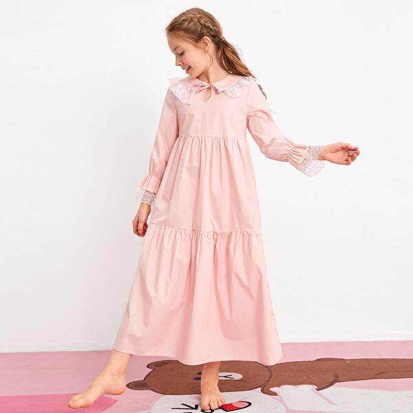

Girls Tie Neck Lace Trim Nightdress, Pastel baby pink