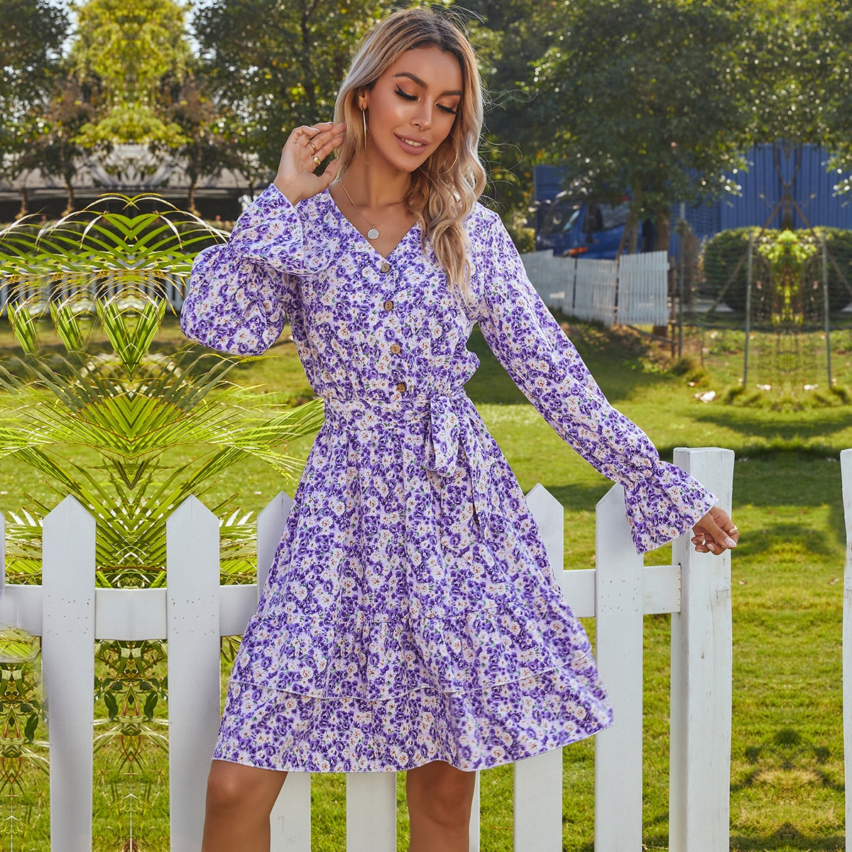 Image of Allover Floral Layered Ruffle Hem Belted Dress