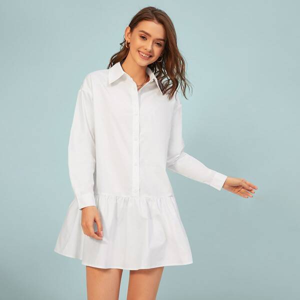 

Drop Shoulder Shirt Smock Dress, White