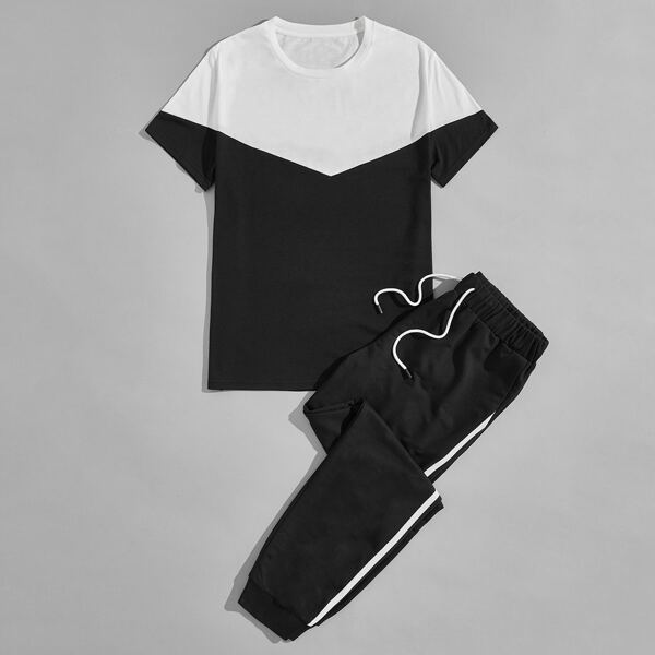 

Men Two Tone Tee & Side Stripe Sweatpants, Black and white