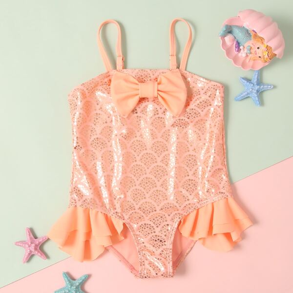 

Toddler Girls Fish Scales Bow One Piece Swimsuit, Pastel coral orange