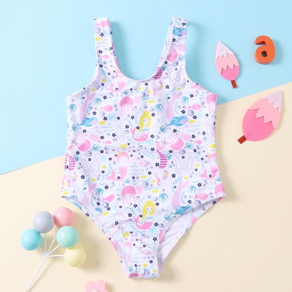 

Toddler Girls Mermaid & Octopus Print One Piece Swimsuit, Multicolor