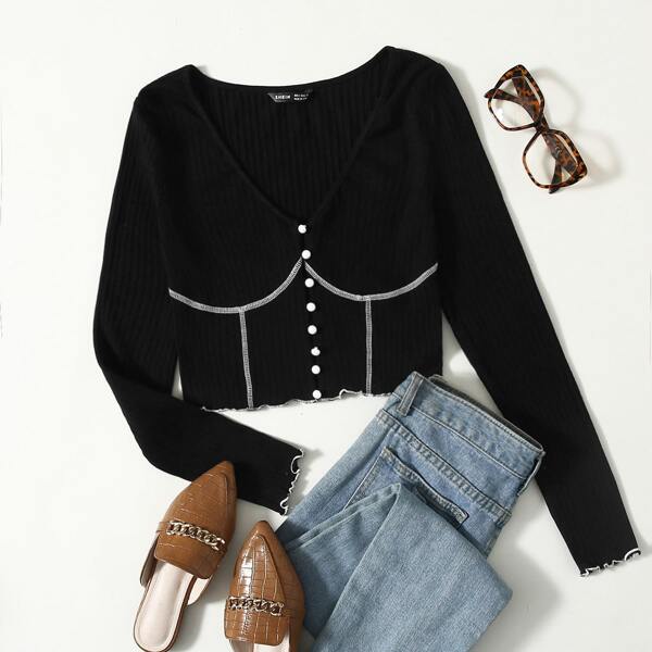 

Button Front Lettuce Trim Rib-knit Crop Tee, Black