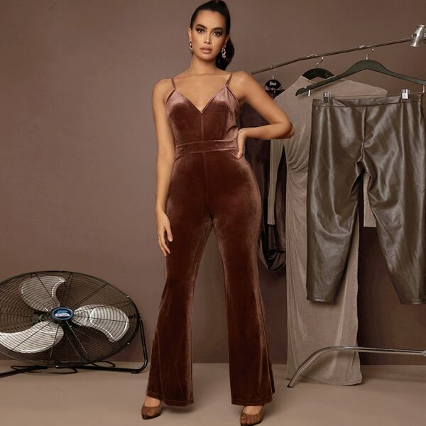 

Flare Leg Velvet Cami Jumpsuit, Coffee brown