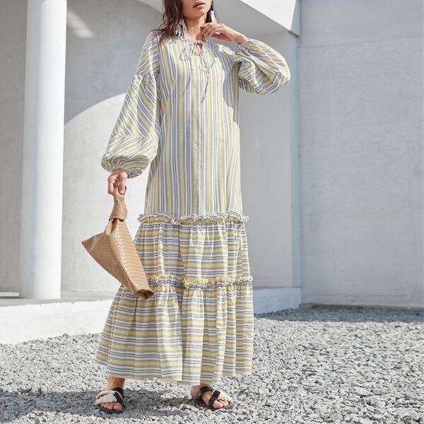 

Tie Neck Lantern Sleeve Layered Frill Striped Dress, Multicolor