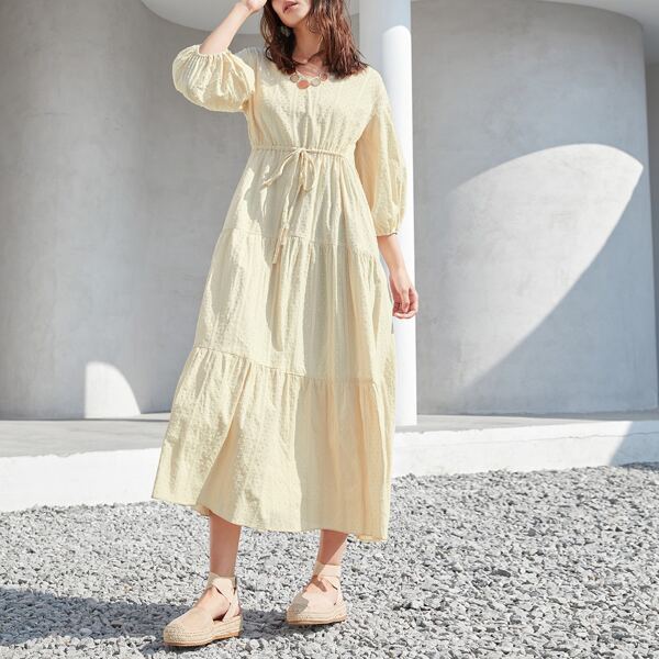 

Lantern Sleeve Drawstring Waist Swiss Dot Dress, Yellow pastel
