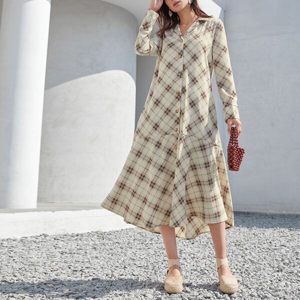 

Notched Collar High Low Hem Plaid Dress, Multicolor