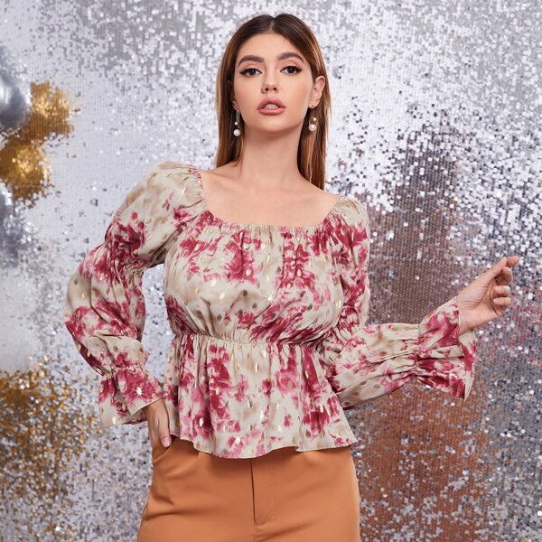 

Tie Dye Gold Dot Peplum Blouse, Multicolor