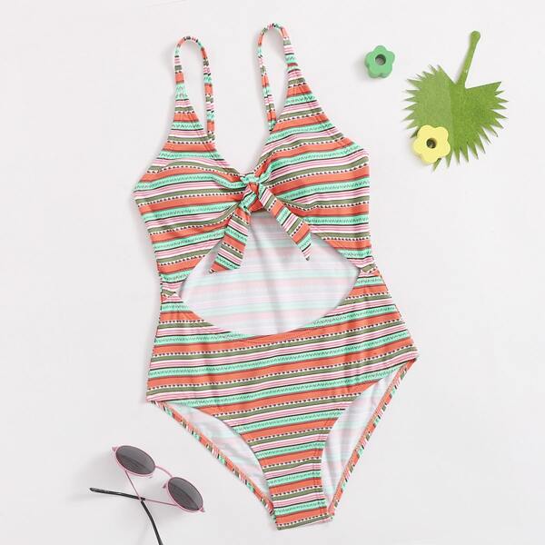 

Girls Geo Print Knot Cut-out One Piece Swimsuit, Multicolor