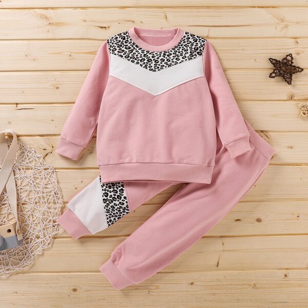 

Toddler Girls Contrast Leopard Chevron Print Sweatshirt & Sweatpants, Dusty pink
