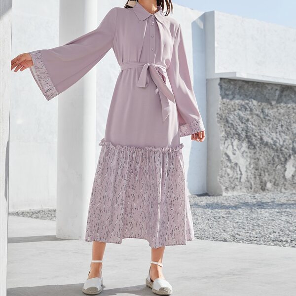 

Bell Sleeve Graphic Print Ruffle Hem Belted Shirt Dress, Dusty purple