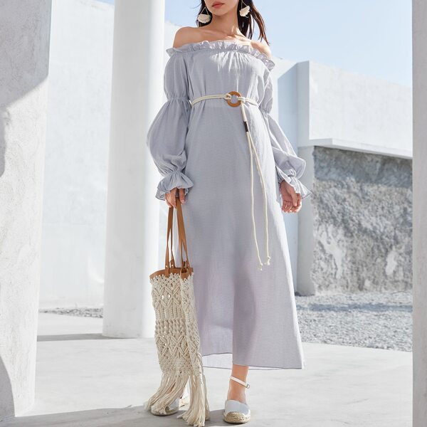 

Off Shoulder Ruffle Trim Dress With Belt, Light grey