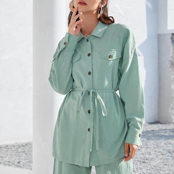 

Single Breasted Belted Blouse, Pastel mint green