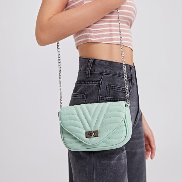 

Stitch Detail Flap Chain Crossbody Bag, Green