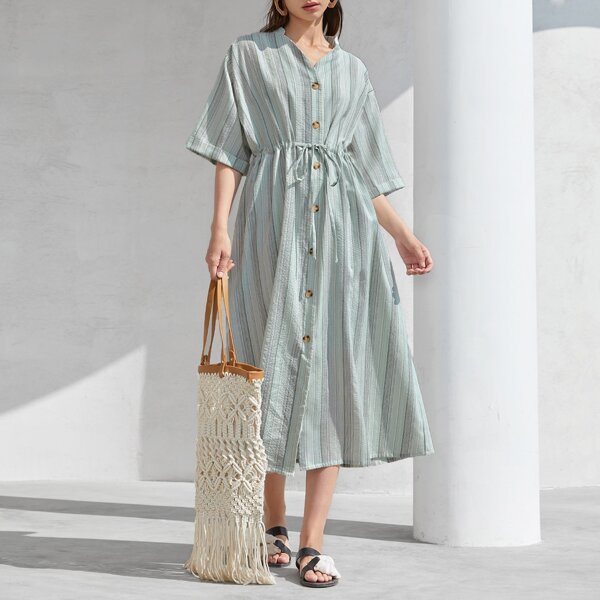 

Striped Drawstring Waist Shirt Dress, Multicolor