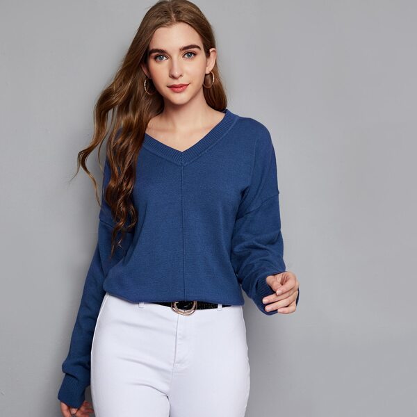 

Solid Drop Shoulder Sweater, Blue