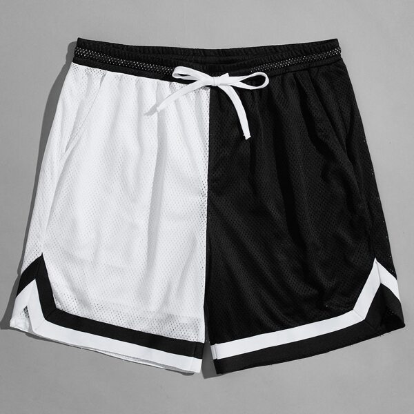 

Men Drawstring Waist Colorblock Mesh Shorts, Black and white