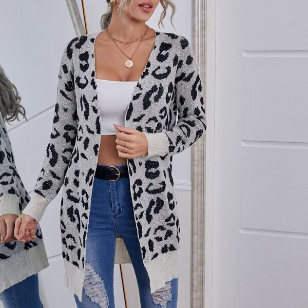

Open Front Drop Shoulder Leopard Cardigan, Grey