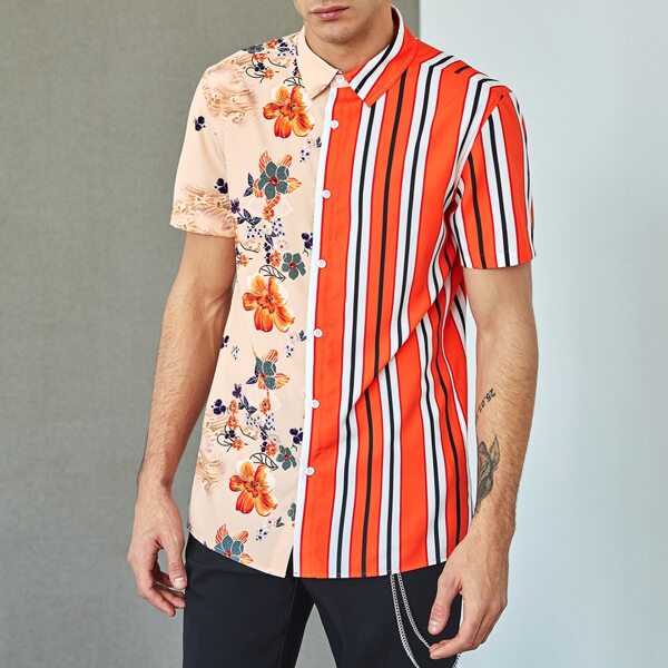 

Men Floral Print Striped Shirt, Multicolor