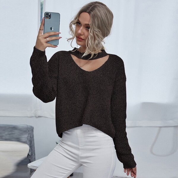 

Drop Shoulder Cut-out Sweater, Chocolate brown