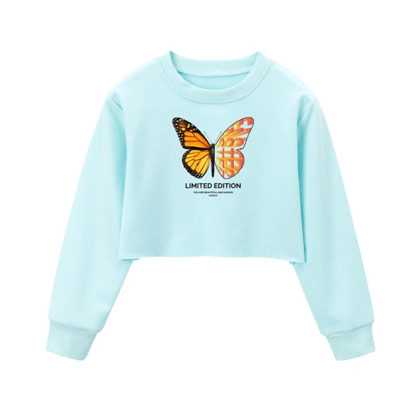 

Girls Butterfly & Slogan Graphic Crop Sweatshirt, Mint blue