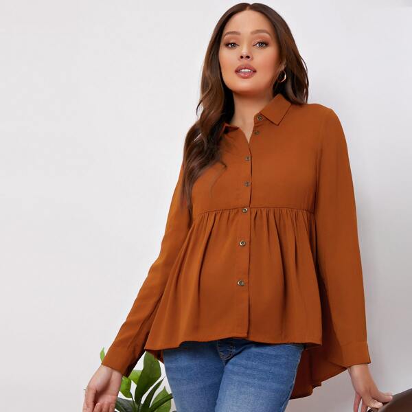 

Maternity Ruffle Hem Button Front Blouse, Brown