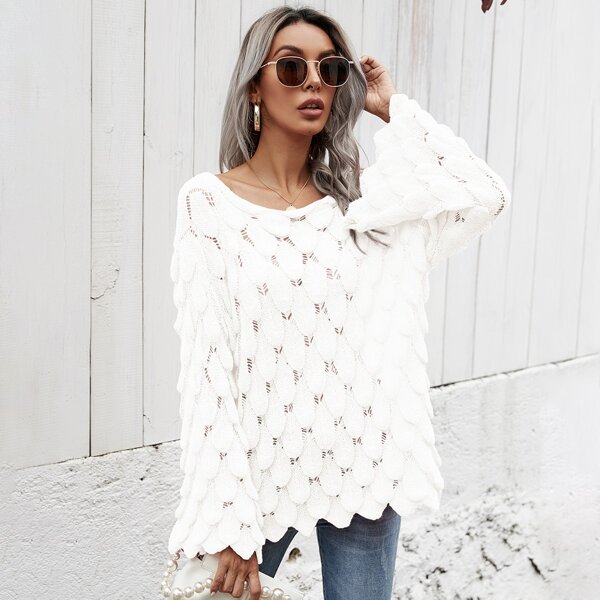 

Drop Shoulder Pointelle Knit Sweater, White