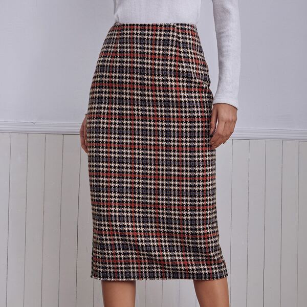 

High Waist Plaid Wool-Mix Fabric Skirt, Multicolor