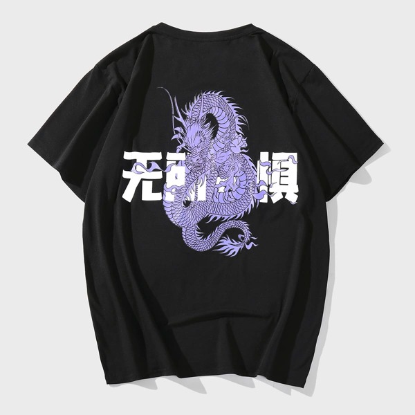 

Men Chinese Dragon And Letter Graphic Tee, Black