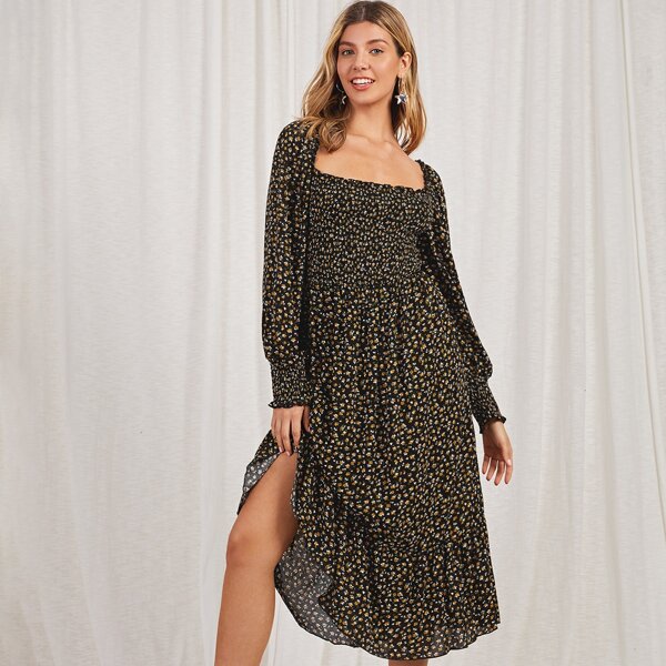 

Lantern Sleeve Shirred Ditsy Floral Ruffle Hem Dress, Multicolor